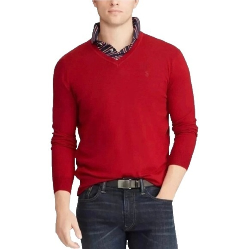 Polo Ralph Lauren Washable Merino Wool Sweater Size XL Red V-Neck Comfy Soft‎